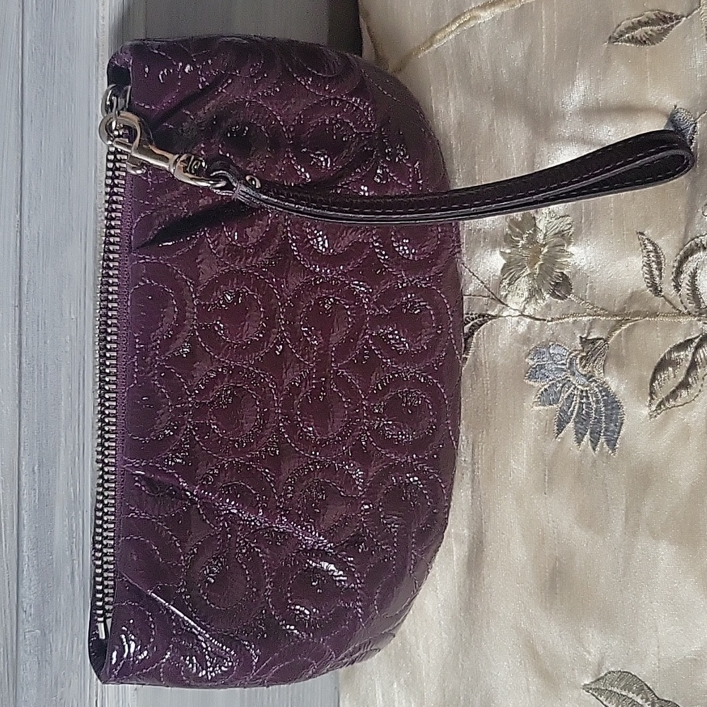 Coach Signature Debossed Patent Purple Leather Quilted Wristlet
